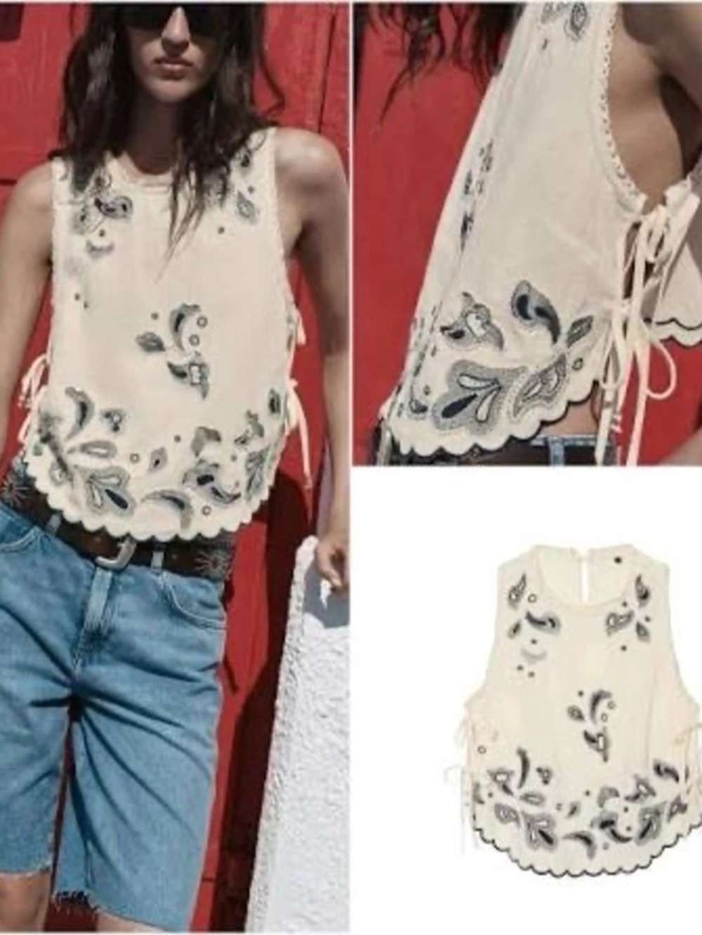Zara Embroidered Beaded Top Paisley Tank Top Cream & Blue